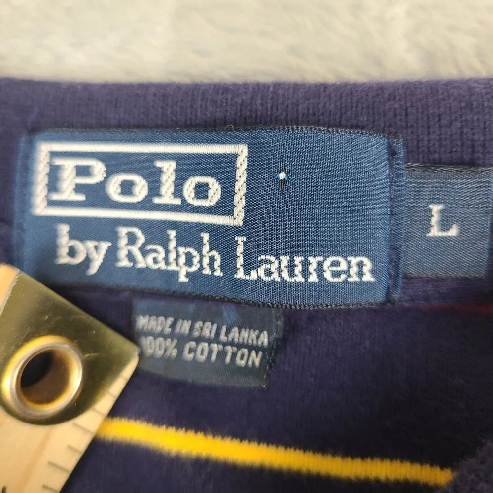 Polo Ralph Lauren Short Sleeve Size Large Nayy Blue Yellow Striped Polo Shirt‎